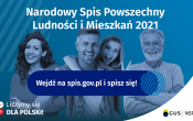 cztery osoby, dwoch mezczyzn i dwie kobiety na niebieskim tle. Od gory napis Narodowy Spis Powszechny Ludnosci i Mieszkan. Ponizej napis 