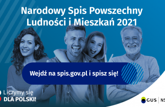 cztery osoby, dwoch mezczyzn i dwie kobiety na niebieskim tle. Od gory napis Narodowy Spis Powszechny Ludnosci i Mieszkan. Ponizej napis 