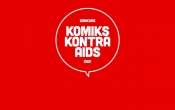biały napis Konkurs Komiks Kontra AIDS 2021 na czerwonym tle 