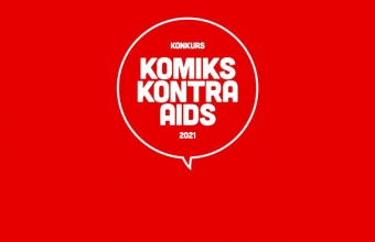biały napis Konkurs Komiks Kontra AIDS 2021 na czerwonym tle 