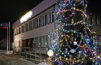 Wysoka, oświetlona choinka przed budynkiem