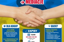 czerwono niebieski plakat informujący o nieodpłatnej pomocy prawnej