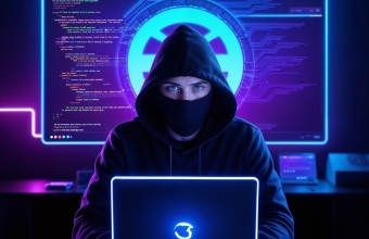 mezczyzna w bluzie z kapturem i maska na twarzy siedzi przy laptopie - kalsstockmedia