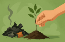 zielone tlo, fragment reki wsadzajacej rosline obok sterta spalonych odpadow