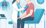 grafika przedstawiajaca siedzacego mezczyzne i badajaca go lekarke