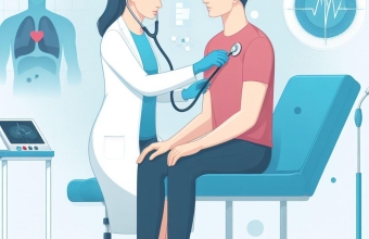 grafika przedstawiajaca siedzacego mezczyzne i badajaca go lekarke