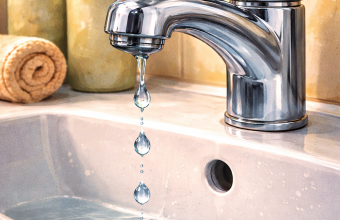 umywalka z kranem z ktorego kapie woda w tle pojemnik na mydlo szczoteczki do zebow i recznik