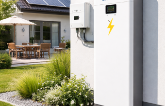 magazyn energi przy domu w tle instalacja fotowoltaiczna na dachu