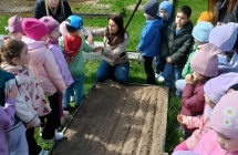 grupa przedszkolnych dzieci przy ogrodowej skrzyni