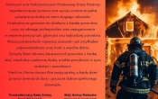 tekst zyczen z okazji dnia strazaka na pomaranczowo czerwonym tle obok strazak na tle plonacego domu