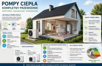 grafika przedstawiajaca dom z pompa ciepla. Wokol grafiki napisy