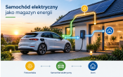samochod elektryczny przed domem z instalacja fotowoltaiczna, na dole napisy