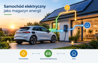 samochod elektryczny przed domem z instalacja fotowoltaiczna, na dole napisy