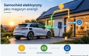 samochod elektryczny przed domem z instalacja fotowoltaiczna, na dole napisy