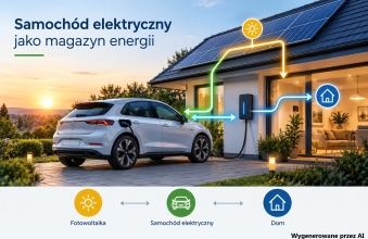 samochod elektryczny przed domem z instalacja fotowoltaiczna, na dole napisy