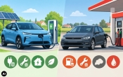 grafika przedstawiajaca samochody elektryczne przy stacjach ladowania