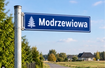 Znak z nazwa ulicy modrzewiowa. Bialy napis na niebieskim tle. w oddali wiejski krajobraz